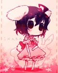  animal_ears bad_id bad_pixiv_id bare_legs barefoot black_eyes black_hair blush bunny bunny_ears bunny_girl bunny_tail carrot carrot_necklace character_name chibi detached_sleeves dotted_line dress frilled_dress frills full_body inaba_tewi legs_apart looking_afar methyl_key pink pink_dress red_eyes short_hair solo standing star tail touhou 