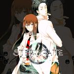  1girl black_hair blue_eyes grey_legwear height_difference kumonosuke labcoat legwear_under_shorts long_hair makise_kurisu necktie okabe_rintarou pantyhose red_neckwear short_hair shorts steins;gate zoom_layer 