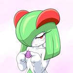  asking_for_it blush condom eyelashes female green_hair hair half-closed_eyes inviting kirlia looking_at_viewer makin_bacon naughty_face nintendo plain_background pok&#233;mon pok&eacute;mon red_eyes solo video_games white_background 