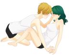  2girls armpits bed bishoujo_senshi_sailor_moon cosplay derivative_work face-to-face face_to_face kaiou_michiru multiple_girls no_bra shirt shorts simple_background t-shirt ten&#039;ou_haruka ten'ou_haruka yoriko_(artist) yuri 