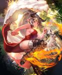  1girl :&lt; aliza_(granblue_fantasy) artist_request ass bare_shoulders breasts china_dress chinese_clothes curled_fingers cygames draph dress earrings fire forest granblue_fantasy hair_pulled_back horns jewelry jumping large_breasts leg_up long_hair looking_at_viewer nature official_art open_mouth outdoors outstretched_hand panties pantyshot pantyshot_(standing) pointy_ears ponytail red_dress red_eyes shadowverse short_dress sideboob silver_hair solo sparkle standing standing_on_one_leg thighhighs underwear white_legwear white_panties 