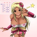  :d bare_shoulders bent_over blonde_hair breasts cleavage detached_sleeves erect_nipples female ganguro hairband kaihime large_breasts long_hair notta_(takeno) open_mouth sengoku_musou sengoku_musou_3 simple_background smile solo takeno-ko tan_skin v 