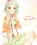  :o ameiro arm_support blush breasts brooch cleavage goggles green_eyes green_hair green_skirt gumi jacket jewelry looking_at_viewer megpoid_(vocaloid3) miniskirt navel pleated_skirt short_hair sitting skirt small_breasts solo striped striped_skirt suspenders tank_top vocaloid 