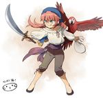  bird blue_eyes full_body inazuma_eleven_(series) inazuma_eleven_go kirino_ranmaru long_hair macaw male_focus mizuhara_aki otoko_no_ko parrot pink_hair pirate smile solo sword twintails weapon 