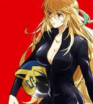  animal_helmet bad_id bad_pixiv_id biker_clothes bikesuit black_bodysuit blonde_hair bodysuit breasts celty_sturluson celty_sturluson_(cosplay) cleavage collarbone cosplay durarara!! gradient_hair green_hair headwear_removed helmet helmet_removed holding holding_helmet kazu_sanbon large_breasts long_hair milla_maxwell motorcycle_helmet multicolored_hair red_background red_eyes sawashiro_miyuki seiyuu_connection solo tales_of_(series) tales_of_xillia 