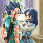  1boy 1girl artist_request blue_hair dragon_quest dragon_quest_vi earrings hero_(dq6) jewelry muscle necklace open_mouth purple_eyes short_hair smile spiked_hair sword tania weapon 