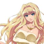  bare_shoulders blue_eyes breast_hold breasts cleavage crossed_arms dress elbow_gloves flower gloves hair_flower hair_ornament hairu jewelry large_breasts long_hair looking_at_viewer macross macross_frontier necklace sheryl_nome sideboob simple_background smile solo 