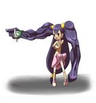  axew big_hair blush brown_eyes flat_chest highres iris_(pokemon) kibago lab_zero_games long_hair nintendo open_mouth pokemon purple_hair shoes skullgirls sneakers twintails 