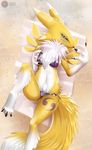  beach bikini blue_eyes breast_grab breasts camel_toe canine chest_tuft claws clothed clothing deymos digimon female fox fur lying mammal midriff navel on_back pinup pose renamon seaside skimpy solo swimsuit tight_clothing tuft watermark 