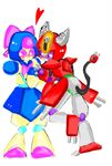  &hearts; blue blue_body brass cord couple female machine mechanical medabots peppercat pink_eyes plain_background purple_eyes red red_body robot tail unknown_artist white_background 