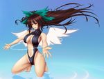  alternate_costume angel_wings bangs barefoot blue_background bow breasts brown_hair cleavage hair_bow highleg highleg_leotard highleg_swimsuit highres hips kneeling large_breasts legs leotard long_hair navel outstretched_arms red_eyes reiuji_utsuho ripples sideboob solo spread_arms swimsuit thighs toes touhou untsue water white_wings wind wings 