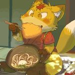  ??? bowl canine chopsticks cub eating food fox gappu leaf mammal noodles oekaki sitting solo yellow_eyes young 