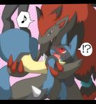  ? ambiguous_gender blush eye_contact holding lucario nintendo pok&#233;mon pok&eacute;mon red_eyes satsuki_rabbit spikes tongue tongue_out video_games zoroark 