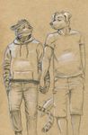  clothing couple dog eye_contact feline gay hand_holding looking_at_each_other male mammal monochrome sepia tiger tush 