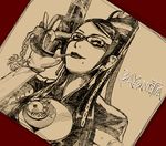  bayonetta bayonetta_(character) brown candy cleavage_cutout earrings food glasses gloves gun jewelry lipstick lollipop makeup mole mole_under_mouth monochrome shihou_(g-o-s) solo weapon 