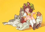  alternate_hairstyle animal_ears bob_cut bow bowtie brown_hair cat cat_ears cat_tail chen earrings green_eyes halftone halftone_background hat highres jewelry momijigari multiple_tails paw_pose short_hair sitting solo tail too_many too_many_cats touhou 