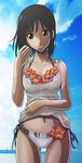  bare_shoulders bikini bikini_under_clothes black_eyes black_hair blouse cloud day flower hair_flip head_tilt highres midriff ocean original short_hair side-tie_bikini sky smile solo swimsuit swimsuit_under_clothes tank_top thigh_gap v-mag 