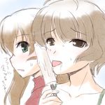  1girl akizuki_ryou antenna_hair bad_id bad_pixiv_id bare_shoulders blush brown_eyes brown_hair food green_eyes idolmaster idolmaster_dearly_stars licking long_hair open_mouth otoko_no_ko popsicle sakurai_yumeko sexually_suggestive short_hair side_ponytail totokichi translated 