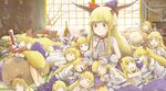  blonde_hair book clone drinking gourd horns ibuki_suika long_hair multiple_girls reading ribbon sleeping stuffed_animal stuffed_toy teddy_bear touhou tsukuda 