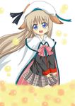  animal_ears bad_id bad_pixiv_id blue_eyes bow brown_hair cape dog_ears dog_tail fang hat little_busters! long_hair negisan noumi_kudryavka pink_bow plaid plaid_skirt school_uniform skirt solo tail thighhighs 