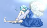  angel barefoot blue_hair dress heart machi_(purple-love) sariel sitting smile solo thighs touhou touhou_(pc-98) wings 
