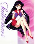  absurdres bare_legs bishoujo_senshi_sailor_moon bow choker crossed_legs earrings elbow_gloves gloves high_heels highres hino_rei jewelry legs long_hair magical_girl mr._r_(2ch's_sailor_moon_thread) purple_eyes purple_hair red_sailor_collar red_skirt sailor_collar sailor_mars sailor_senshi_uniform shoes sitting skirt smile solo tiara v white_gloves 