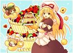  animal_ears blonde_hair blue_background brown_hair cake chen cookie eijima_moko food fruit hat heart long_hair mob_cap multiple_girls multiple_tails oven_mitts short_hair smile tail touhou yakumo_ran yakumo_yukari 