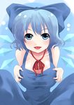  alternate_breast_size blue_eyes blue_hair breasts cirno ice isuka large_breasts ribbon short_hair solo tongue touhou wings 