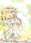  bad_id bad_pixiv_id closed_eyes dress flower hat holding_hands little_busters! long_hair mikimura noumi_kudryavka out_of_frame silver_hair solo_focus sunflower 