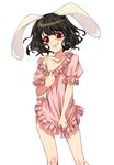  animal_ears black_hair blush body_blush bunny_ears collarbone covering covering_crotch dress dress_pull dress_tug inaba_tewi looking_at_viewer off_shoulder pulled_by_self red_eyes short_hair short_sleeves simple_background solo torazou touhou white_background 