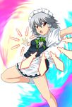  apron bow braid grey_hair hair_bow izayoi_sakuya knife legs maid maid_headdress sawa_(snack_yoshie) short_hair silver_hair solo touhou twin_braids 