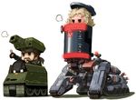  1girl bad_id bad_pixiv_id beard big_boss box caterpillar_tracks facial_hair ground_vehicle headband metal_gear_(series) metal_gear_solid_peace_walker military military_vehicle motor_vehicle paz_ortega_andrade pupa_(mgs:peace_walker) tank toriny 