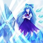 1girl alternate_hairstyle blue_eyes blue_hair cirno crossed_arms greave_(asterism) ice older ribbon solo touhou 
