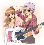  asahina_mikuru bad_id bad_pixiv_id breasts brown_eyes brown_hair cleavage guitar instrument large_breasts long_hair medium_breasts midriff multiple_girls nagato_yuki purple_hair reiken short_hair suzumiya_haruhi_no_yuuutsu sweat towel 