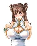 blush bracelet breasts brown_eyes brown_hair china_dress chinese_clothes cleavage cleavage_cutout dress huge_breasts jewelry original solo suoni_(deeperocean) twintails 