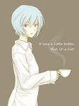  artist_request ayanami_rei blue_hair coffee cup dress_shirt english looking_back neon_genesis_evangelion no_pants red_eyes shirt short_hair sleeves_past_wrists solo steam teacup 