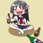  =_= black_hair bottle chibi closed_eyes drunk flower hair_flower hair_ornament long_hair moja_(gibson) sakugawa_school_uniform saten_ruiko school_uniform serafuku skirt solo to_aru_kagaku_no_railgun to_aru_majutsu_no_index 