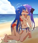  ahoge ass barefoot beach bikini blue_hair blush closed_eyes day hair_ribbon hiiragi_kagami izumi_konata kiss kneeling long_hair lucky_star mel_(melty_pot) midriff multiple_girls navel outdoors purple_hair ribbon side-tie_bikini sweat swimsuit twintails very_long_hair wet yuri 