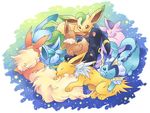  eevee espeon everyone flareon forked_tail gen_1_pokemon gen_2_pokemon gen_4_pokemon glaceon ibui_matsumoto jolteon leafeon no_humans pokemon pokemon_(creature) sleeping tail umbreon vaporeon 