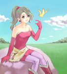  1girl bare_shoulders bird earrings elbow_gloves female final_fantasy final_fantasy_vi gloves grass green_hair jewelry long_hair nature outdoors pantyhose ponytail purple_eyes rurukomameme sitting sky solo tina_branford violet_eyes 