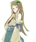  bad_id bad_pixiv_id blue_eyes blush braid green_hair japanese_clothes kochiya_sanae long_hair miko necktie smile solo touhou xanado 