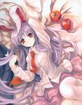  absurdres animal_ears apple bed blanket bunny_ears food fruit highres holding holding_food holding_fruit long_hair lying misaki_kurehito necktie on_back red_neckwear reisen_udongein_inaba shirt skirt solo touhou 