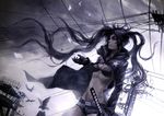  bad_id bad_pixiv_id bikini_top bird black_hair black_rock_shooter black_rock_shooter_(character) blue_eyes coat crow crowdesu gloves highres long_hair midriff pale_skin petals power_lines scar solo sword twintails very_long_hair weapon 