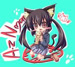  animal_ears bad_id bad_pixiv_id black_hair blush_stickers cat_ears cat_tail chibi food k-on! kurou_(quadruple_zero) long_hair nakano_azusa red_eyes school_uniform solo tail taiyaki twintails wagashi 