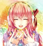  bow hands headphones headset jewelry long_hair megurine_luka nail_polish pink_hair portrait ring smile solo tomone vocaloid yellow_nails 