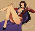  bad_id bad_pixiv_id bare_legs black_eyes black_hair boa_hancock breasts brown_background cape character_name cleavage crossed_legs earrings epaulettes eterno high_heels jewelry large_breasts legs long_hair long_legs no_bra one_piece shoes sitting thighs 