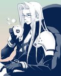  artist_request bespectacled blue_eyes cup final_fantasy final_fantasy_vii glasses gloves hair_intakes long_hair male_focus sephiroth shinra_electric_power_company sitting solo teacup white_hair 