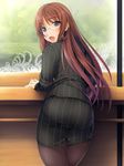  ass blush brown_eyes brown_hair formal glasses highres ishii_akira jacket long_hair looking_back open_mouth original pantyhose pantylines pencil_skirt pinstripe_pattern skirt skirt_suit smile solo striped suit tight 