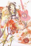  2005 ;d arm_up artist_name black_hair brown_eyes cherry_blossoms chinese_zodiac copyright_request fan floral_background floral_print flower folding_fan full_body furisode guitar hairband happy_new_year head_tilt instrument japanese_clothes jpeg_artifacts kimono lolita_hairband long_hair looking_at_viewer new_year obi one_eye_closed open_mouth outline sandals sash smile solo tabi tenhiro_naoto white_legwear wristband year_of_the_rooster 