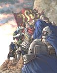  6+boys armor banner blonde_hair brown_hair cape flag forehead_protector gauntlets greaves hand_on_hilt helmet highres kaze_no_tani_no_nausicaa knight kurotowa kushana looking_afar multiple_boys oono_tsutomu scale_armor soldier sword weapon 